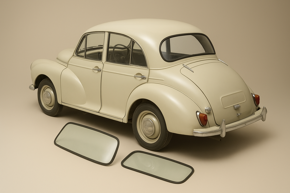 Gratis af te halen: voorruit en achterruit Morris Minor